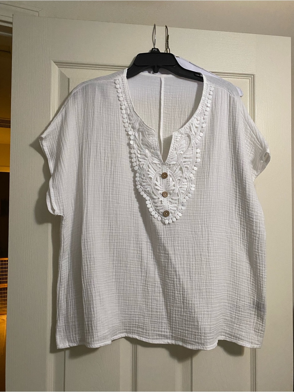 White Embroidered V-Neck Women’s Top